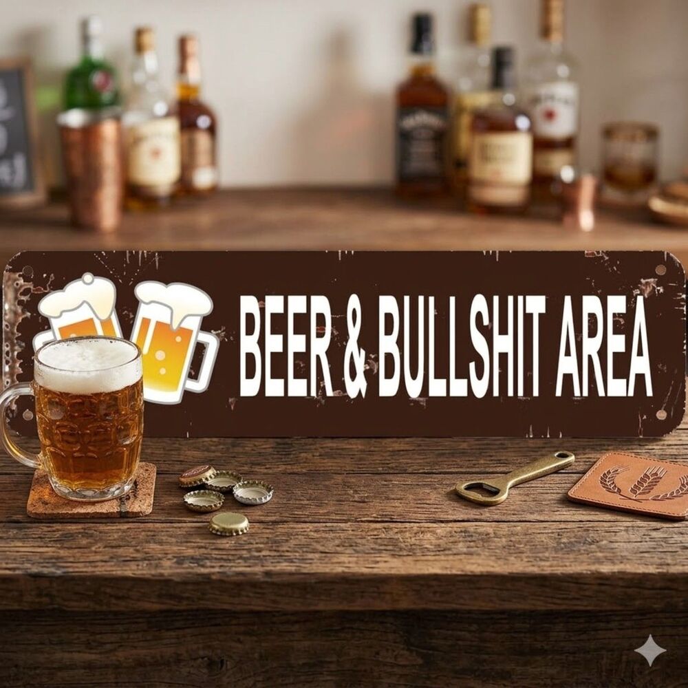 NWT Funny "Beer & Bullshit Area" Bar Sign | 16x4 Rustic Man Cave Pub Decor